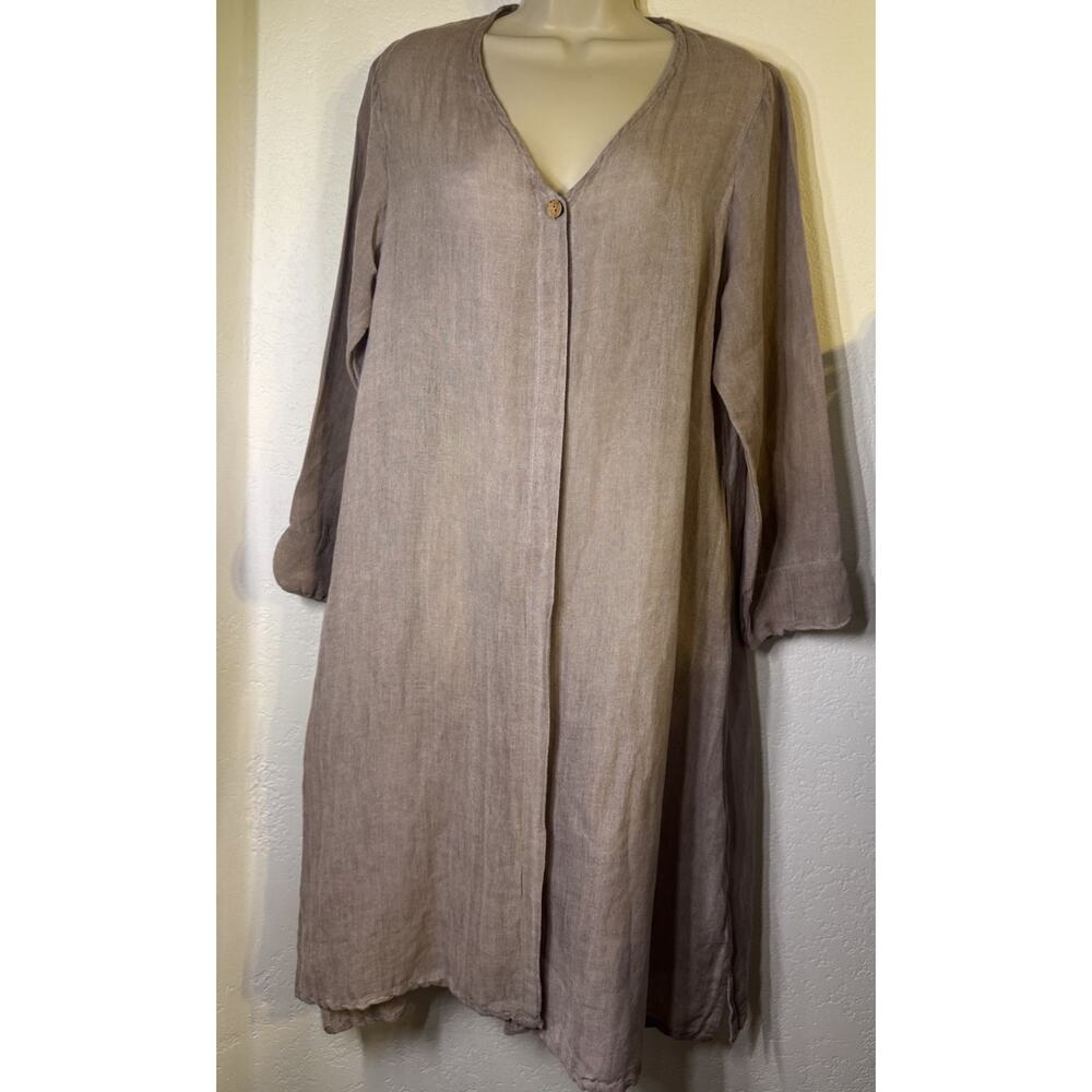 Dolma Linen Duster Womens M Oversized Taupe Lagenlook Long Jacket Boho India - Picture 2 of 14